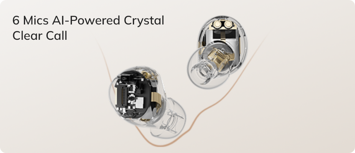 Transparente In-Ear-Kopfhörer mit 6 KI-Mikrofonen für kristallklare Anrufe, Innenansicht der Technik.