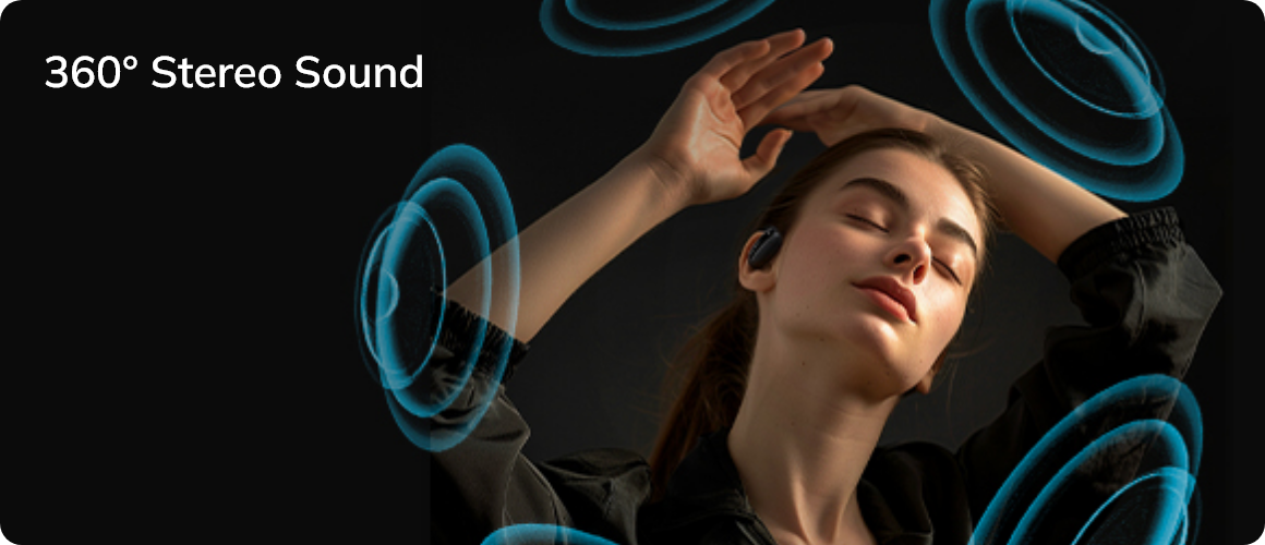 Frau genießt 360° Stereo-Sound mit drahtlosen Kopfhörern, umgebende blaue Schallwellen visualisieren immersiven Klang.