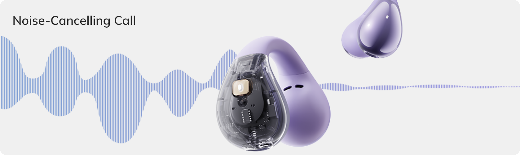 Lila Noise-Cancelling-Kopfhörer mit transparentem Gehäuse, das interne Technik zeigt.