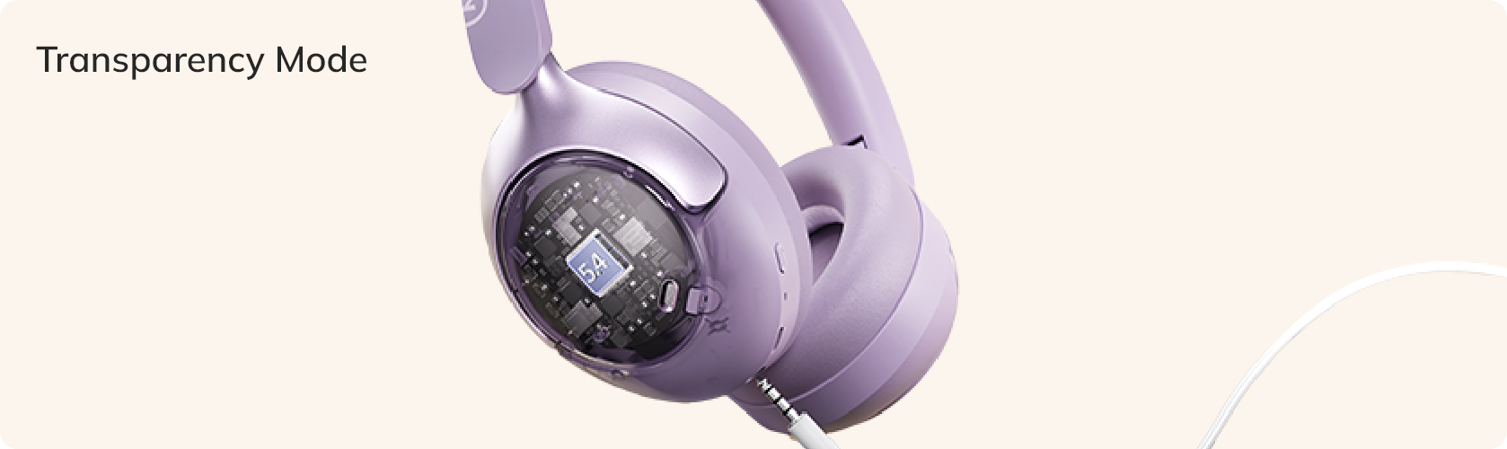 Lila Over-Ear-Kopfhörer mit Transparency-Modus und sichtbarem Innenleben, Kabelanschluss.