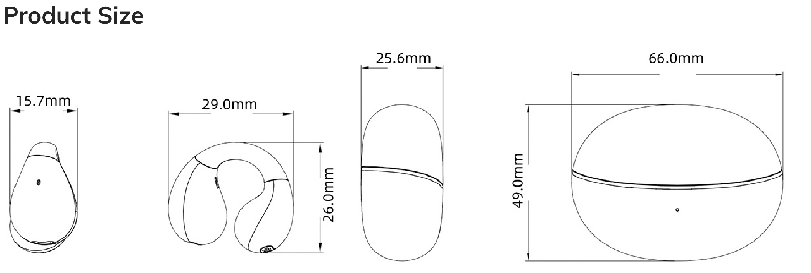 Produktmaße: In-Ear-Kopfhörer 15,7 x 29,0 mm, Ladekapsel 25,6 x 49,0 mm, Gesamtdurchmesser 66,0 mm