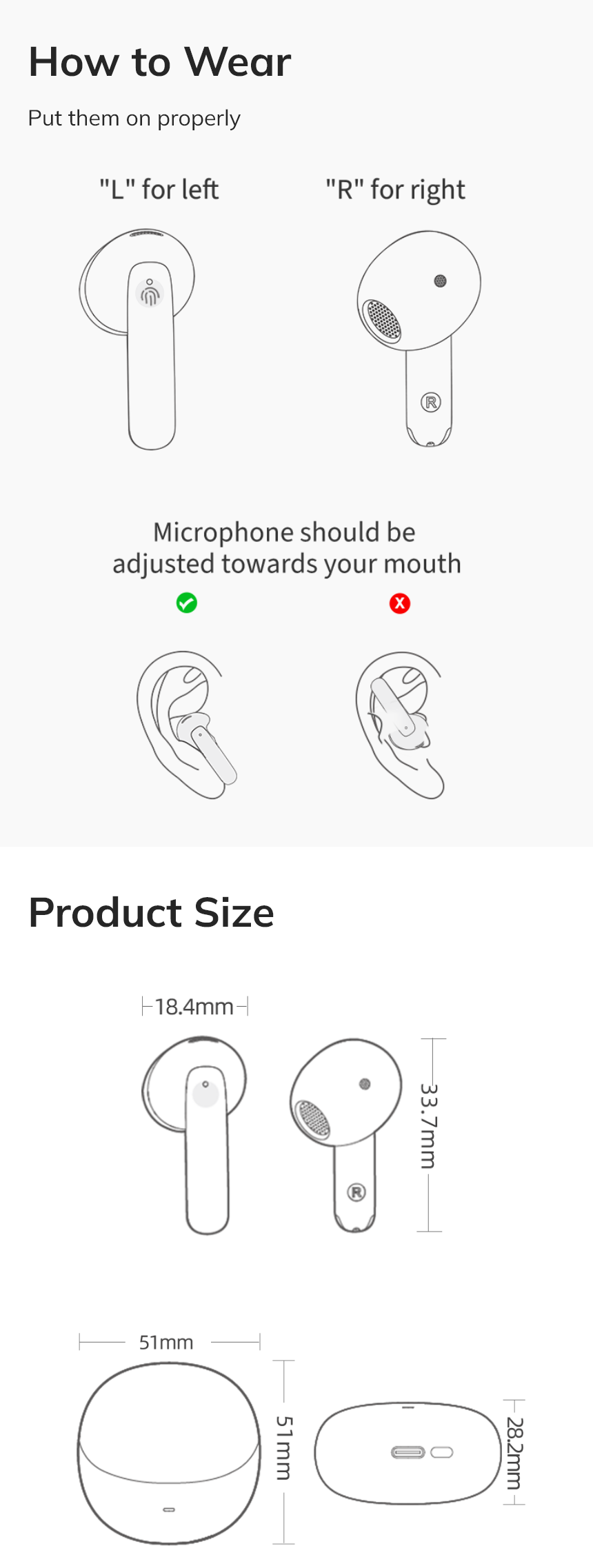 Wie man Bluetooth-Kopfhörer richtig trägt – Anleitung mit Maßen für Ohrhörer und Ladecase.
