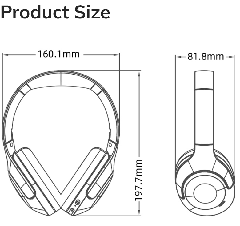 Technische Zeichnung der Produktgröße: Over-Ear-Kopfhörer mit 160,1 mm Breite, 197,7 mm Höhe und 81,8 mm Ohrmuschel-Durchmess
