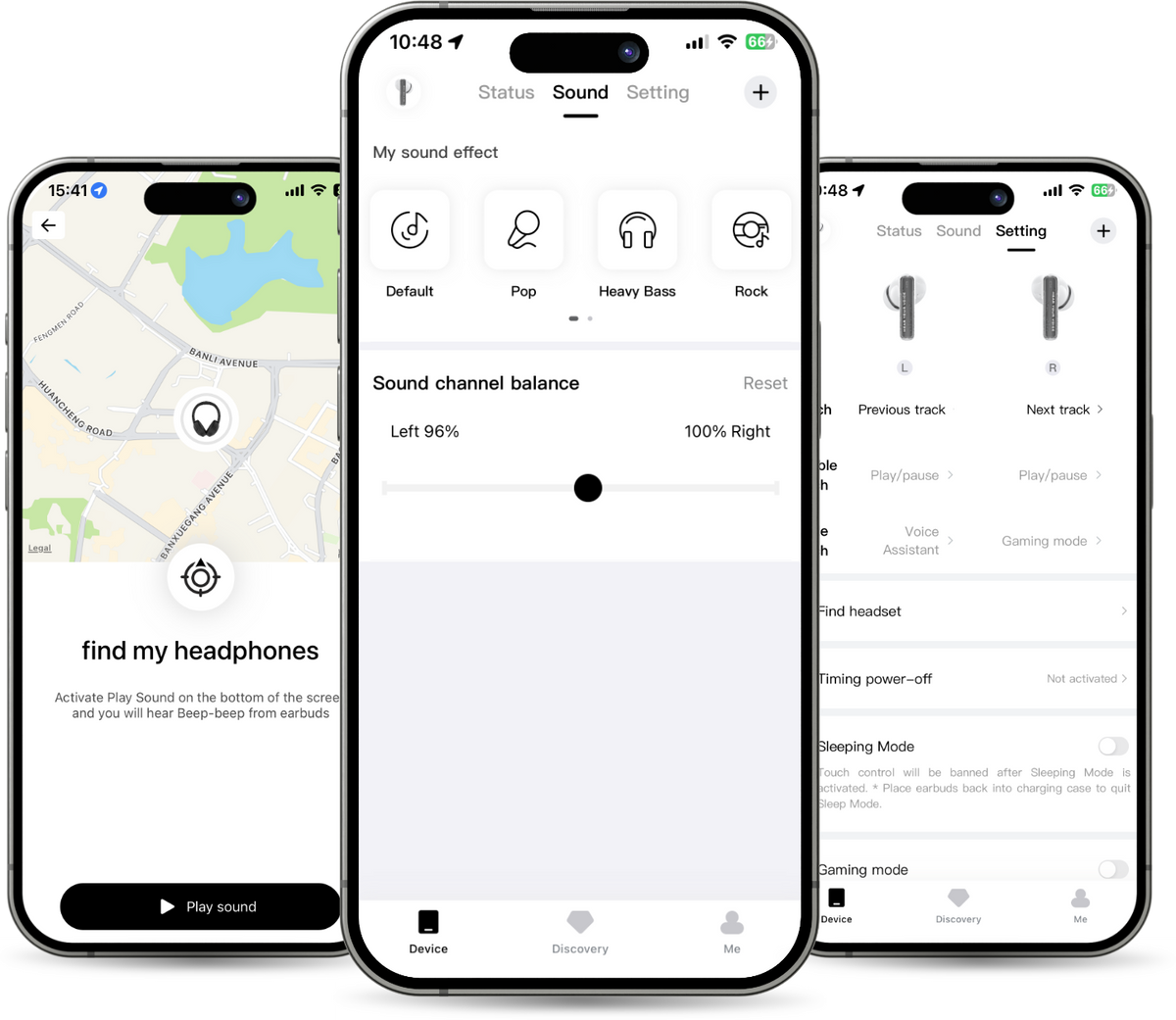 Smartphone zeigt Kopfhörereinstellungen: Soundeffekte, Klangbalance und Find-My-Headphones-Funktion.