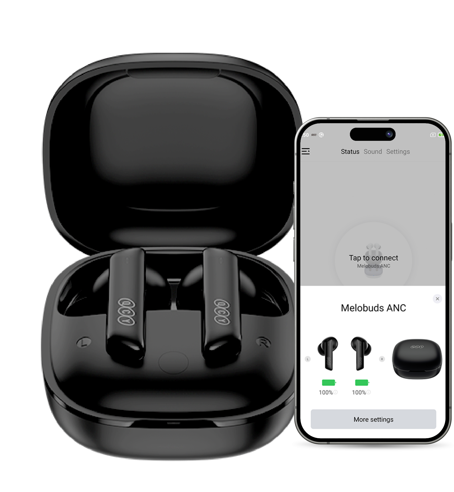 Schwarze Melobuds ANC In-Ear-Kopfhörer mit Ladecase und Smartphone-App zur Verbindung und Einstellung.