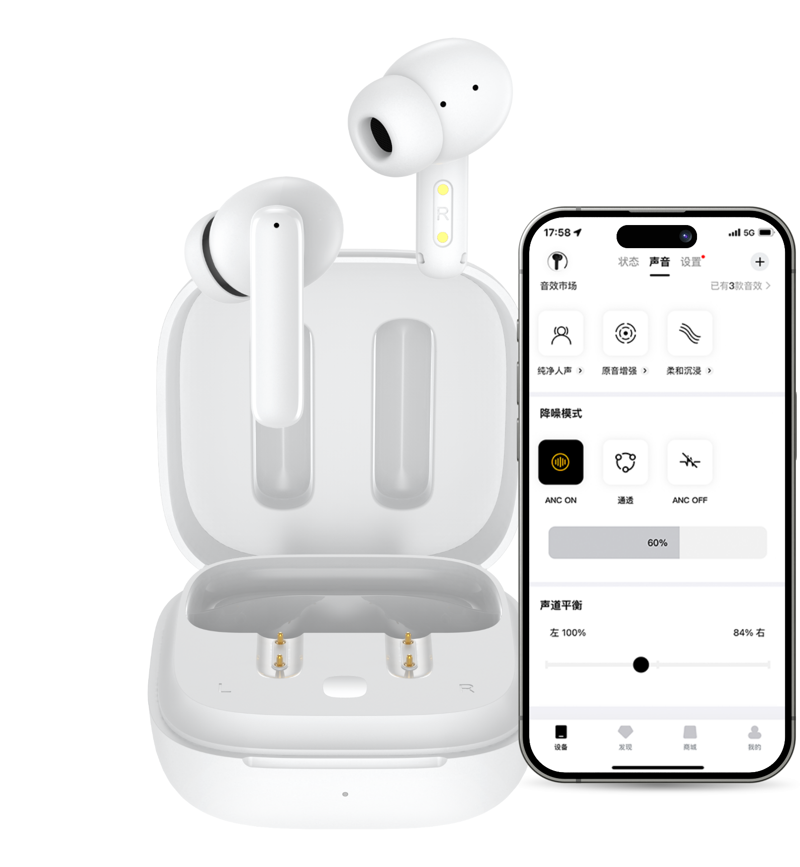 Weiße True-Wireless-Kopfhörer mit Ladebox und Smartphone-App zur Einstellung.