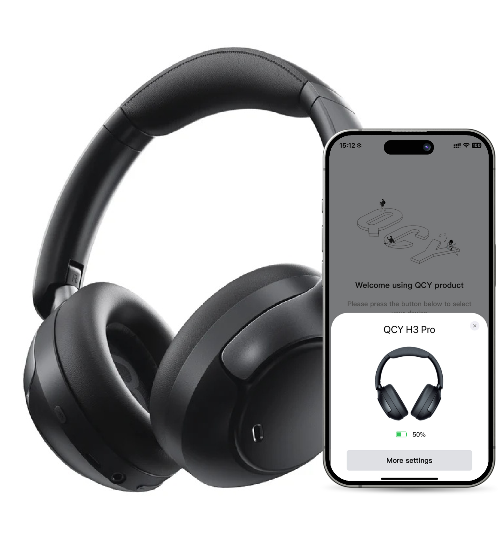 QCY H3 Pro Kopfhörer schwarz mit Smartphone-App zur Steuerung.