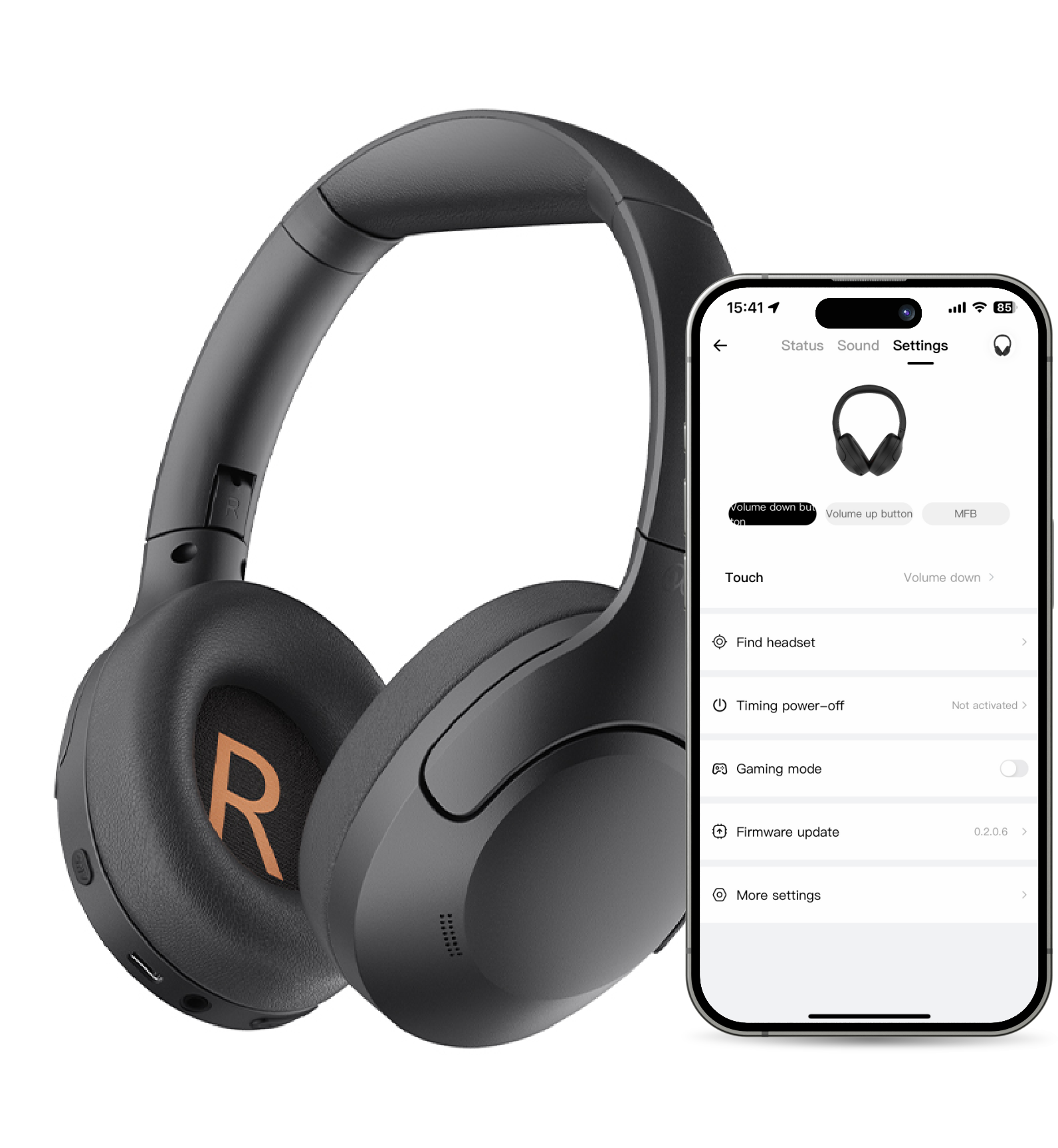 Schwarze Over-Ear-Kopfhörer mit App-Steuerung, Touch-Bedienung und Gaming-Modus – ideal für Musik & Calls.