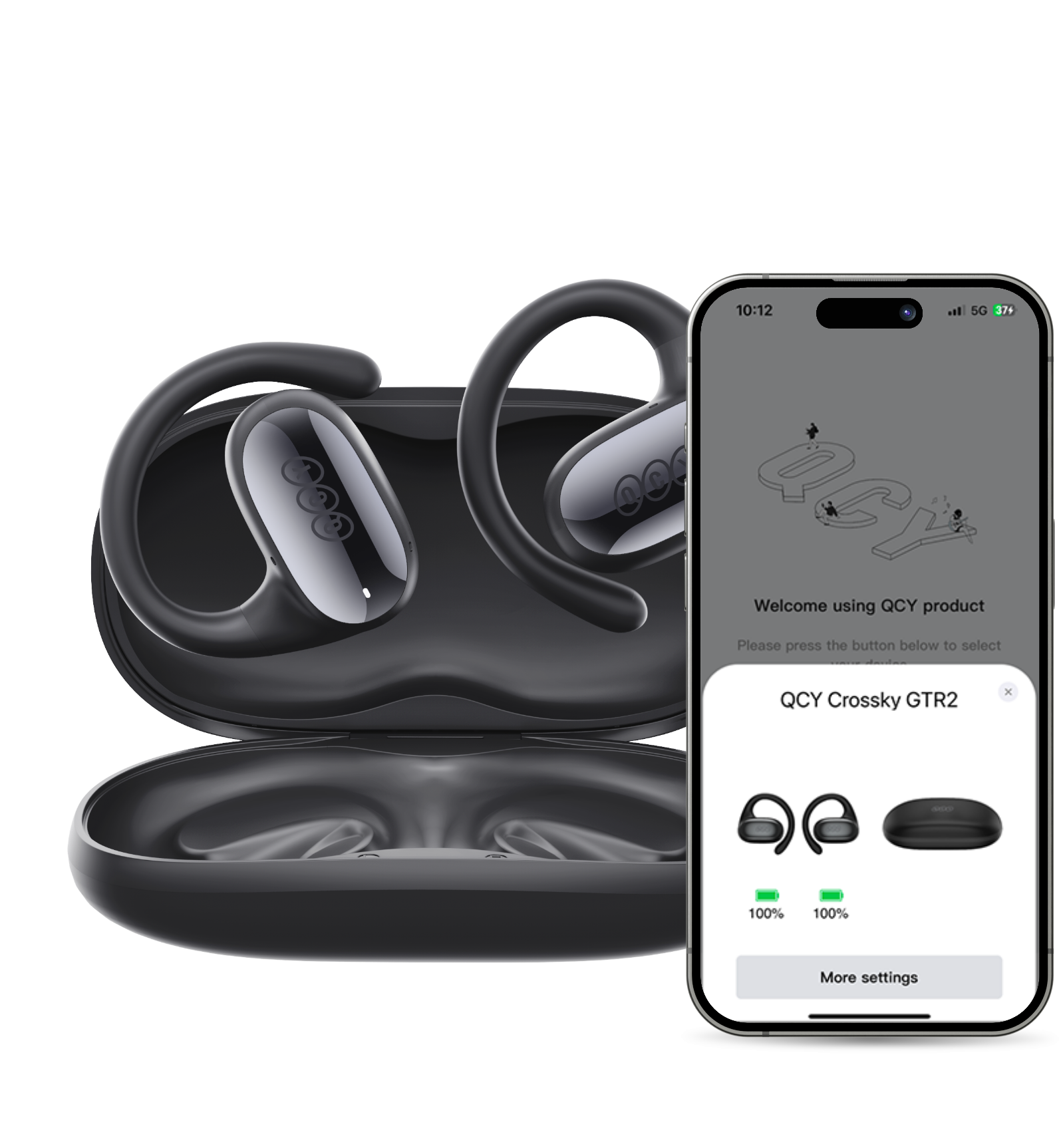 QCY Crossky GTR2 Ohrhörer mit Ladecase, App-Steuerung und 100% Akku-Anzeige.