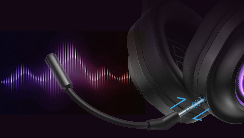 Schwarzes Gaming-Headset mit Mikrofon und violetter LED-Beleuchtung