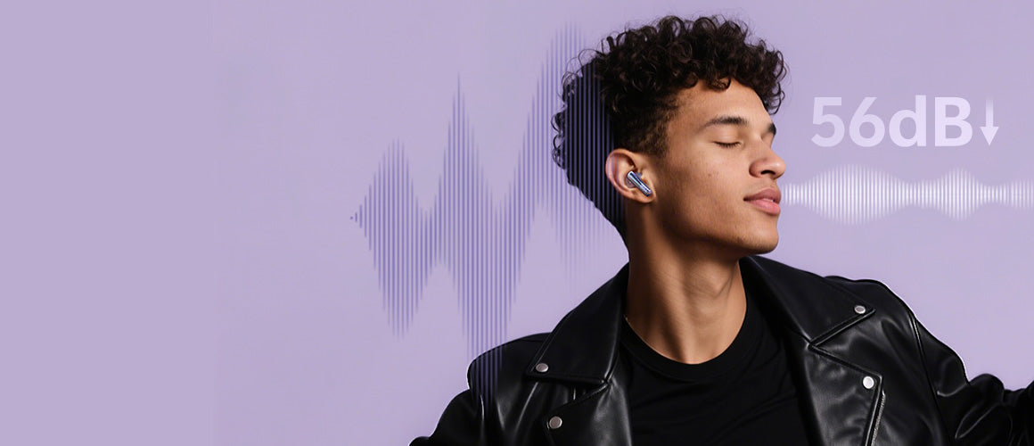 Mann mit In-Ear-Kopfhörern, 56dB Geräuschunterdrückung.