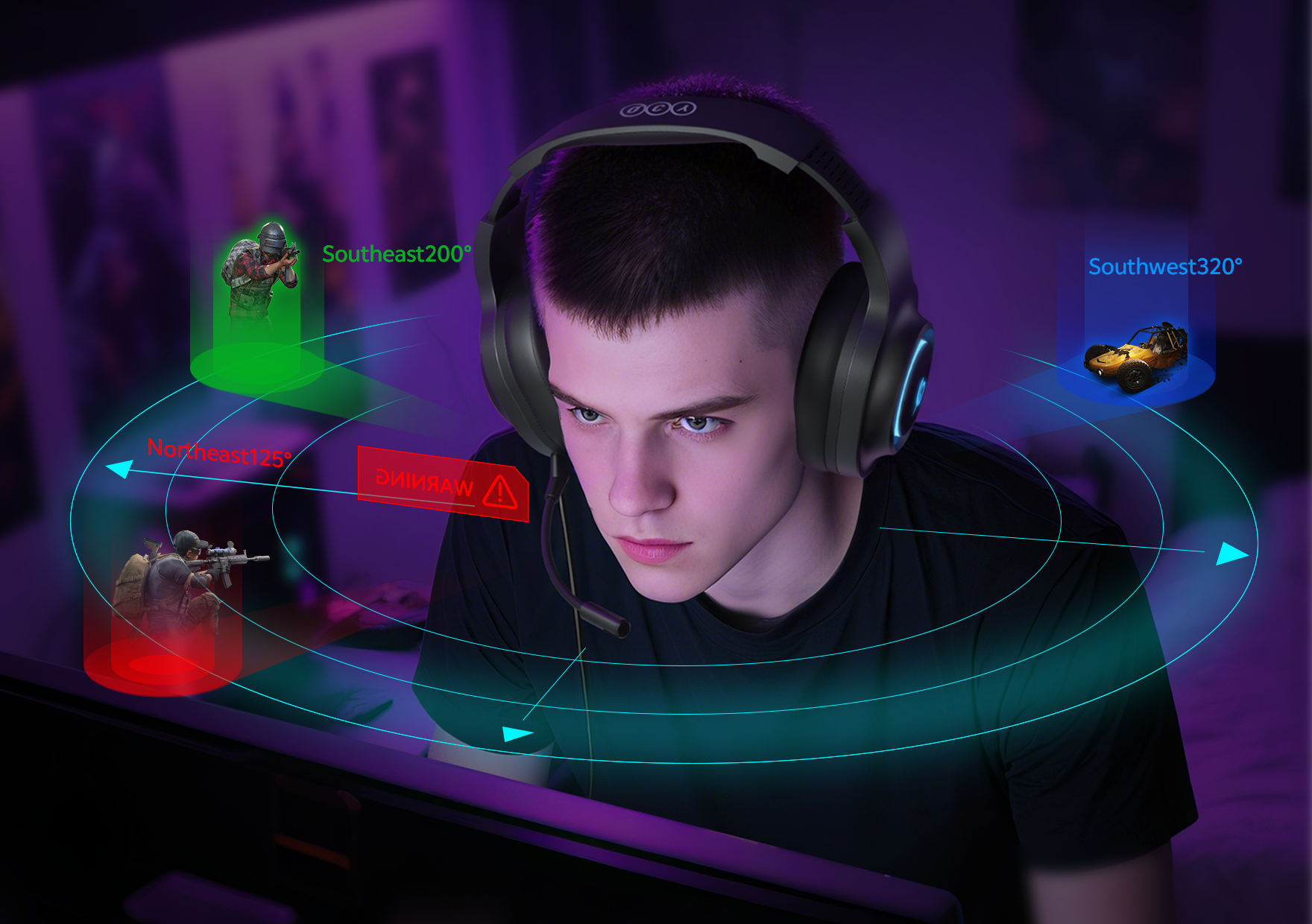 Gamer mit OCA Gaming-Headset, 360°-Soundvisualisierung für Battle Royale.