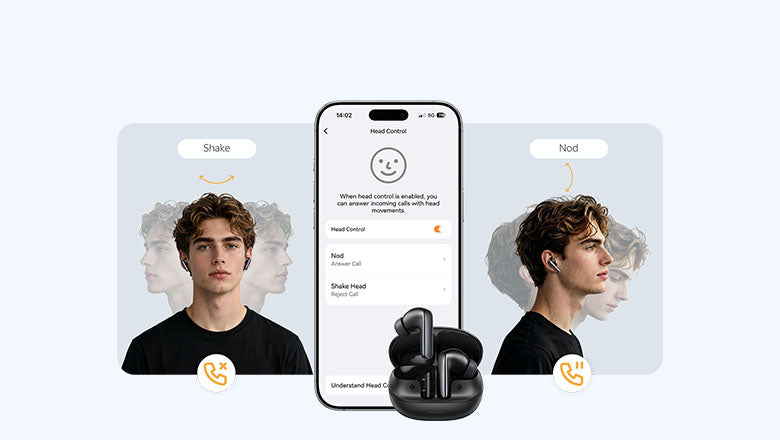 Kopfbewegungssteuerung für kabellose Ohrhörer: Nicken zum Annehmen, Schütteln zum Ablehnen von Anrufen per Smartphone-App.
