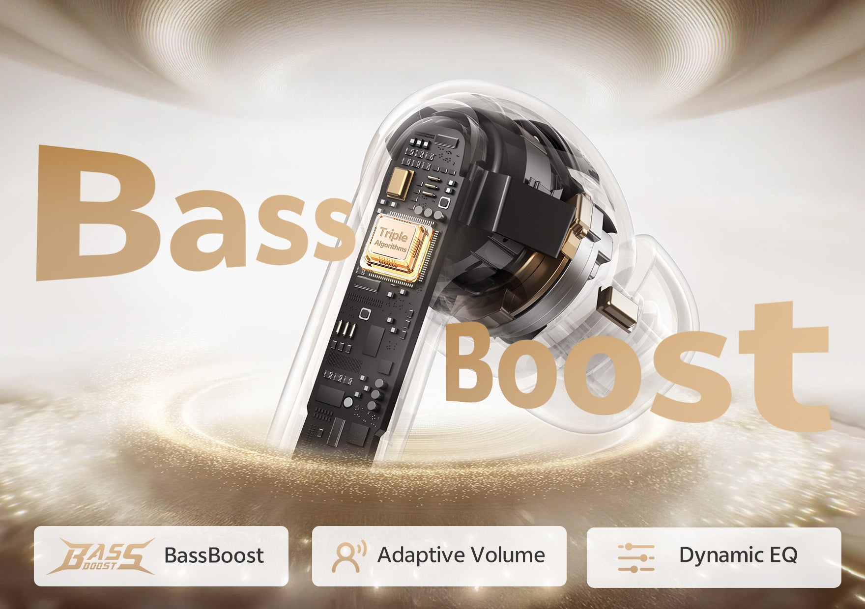 Bass Boost Bluetooth Kopfhörer mit Triple Algorithms, Adaptive Volume & Dynamic EQ.
