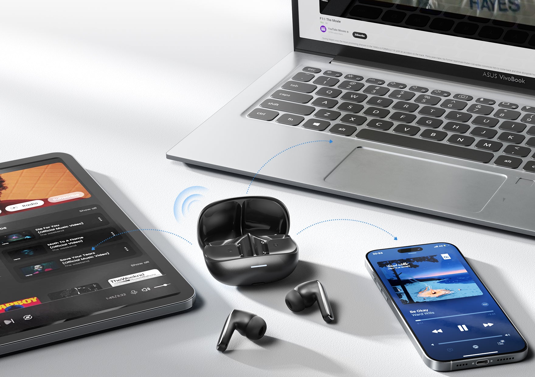 Kabellose Ohrhörer mit Ladebox verbunden mit Smartphone, Tablet und Laptop für Musikstreaming.