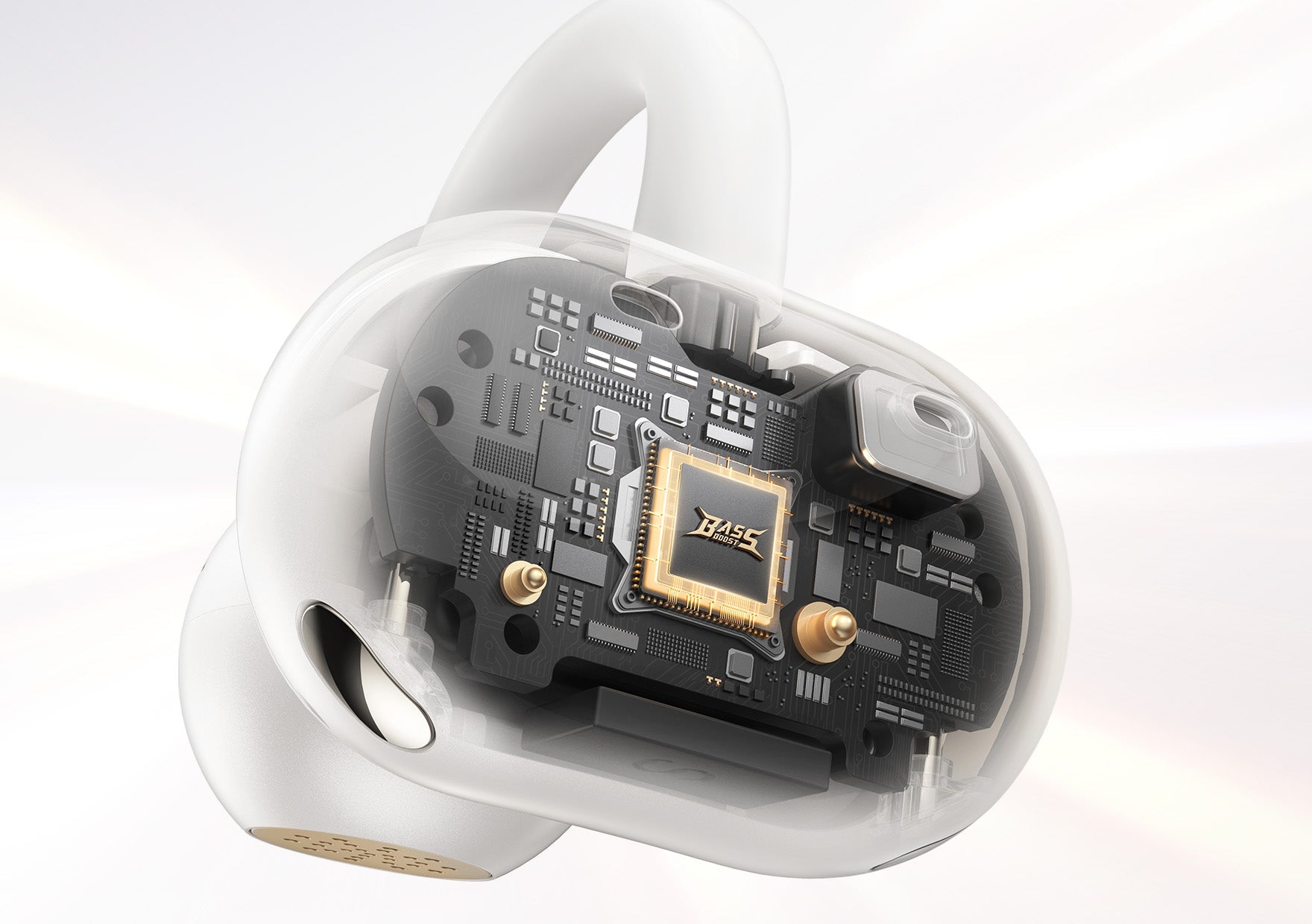 Transparente Ohrhörer mit sichtbarem Bass-Chip und internen Komponenten, modernes Design mit goldfarbenen Akzenten
