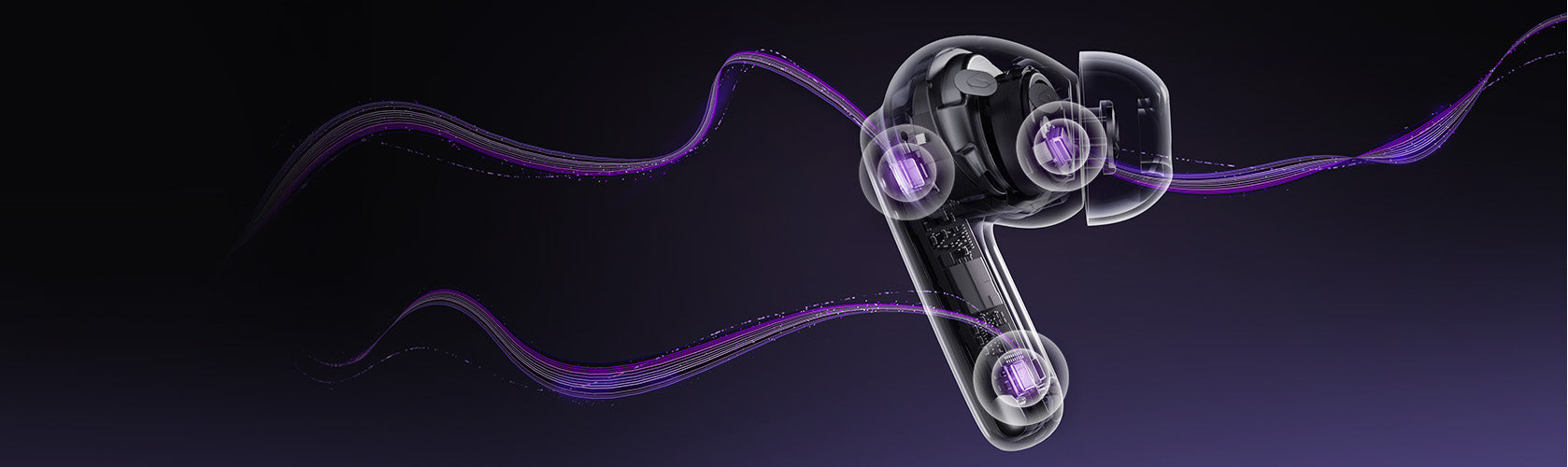 Transparente In-Ear-Kopfhörer mit violetten Lichteffekten und fließenden Datenströmen.