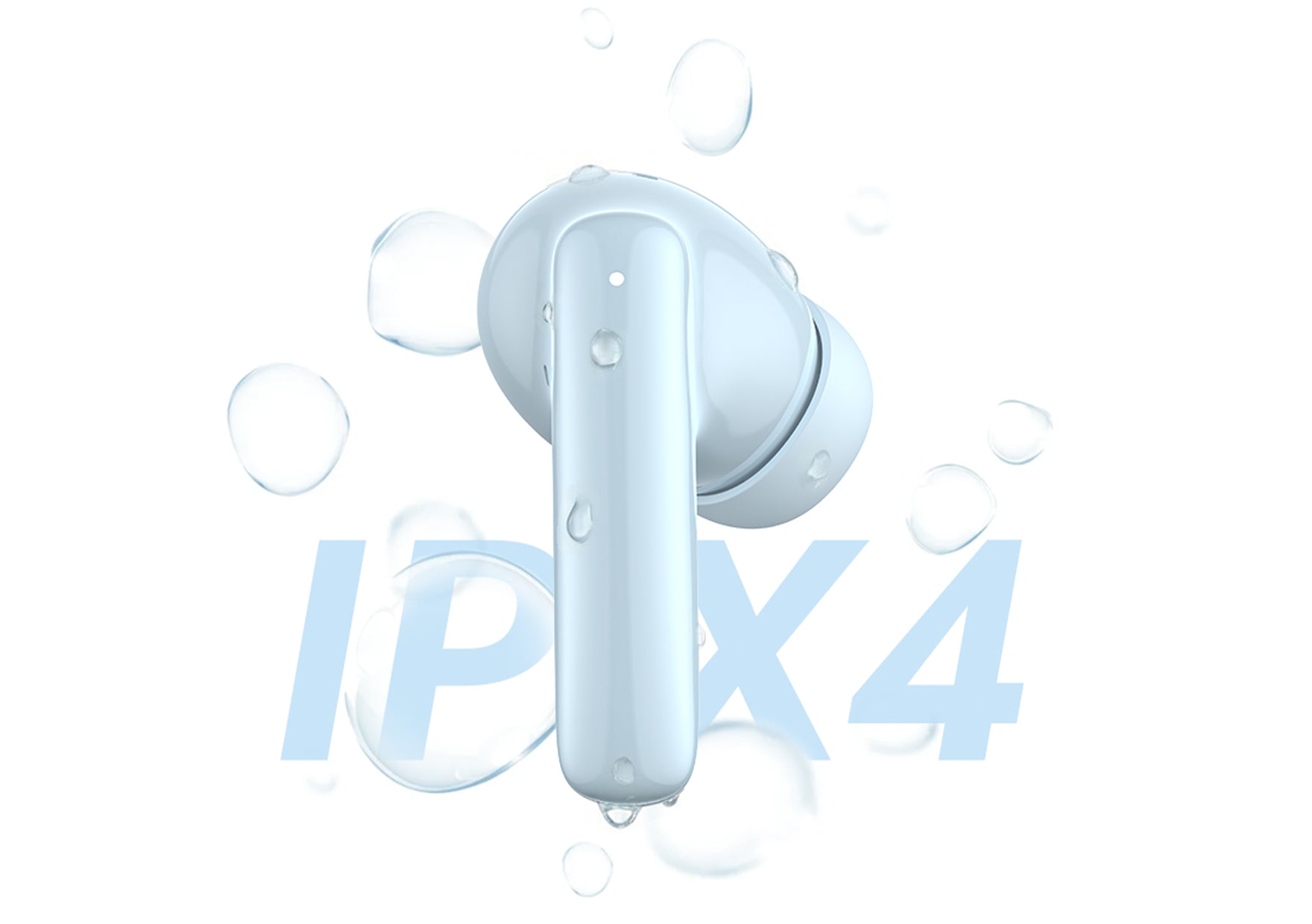 Wasserabweisende Bluetooth-Ohrhörer mit IPX4-Schutz, umgeben von Wassertropfen auf weißem Hintergrund.