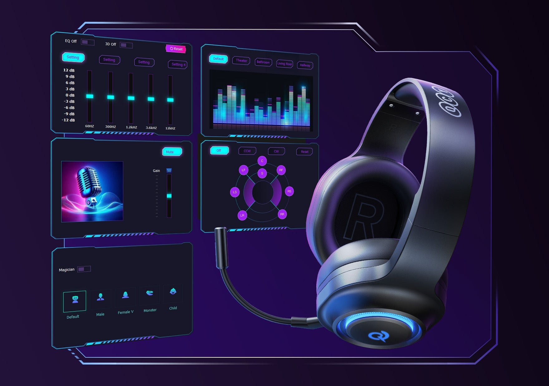 Schwarzes Gaming-Kopfhörer-Set mit RGB-Licht und benutzerfreundlicher Software-Oberfläche für Audioanpassung.