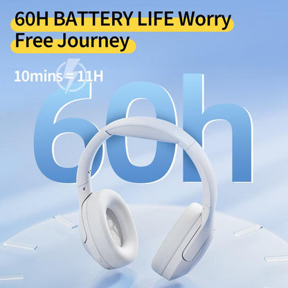 White QCY H3 Lite headphones with 60-hour battery life, quick charge 10 mins for 11 hours, shown on blue background.