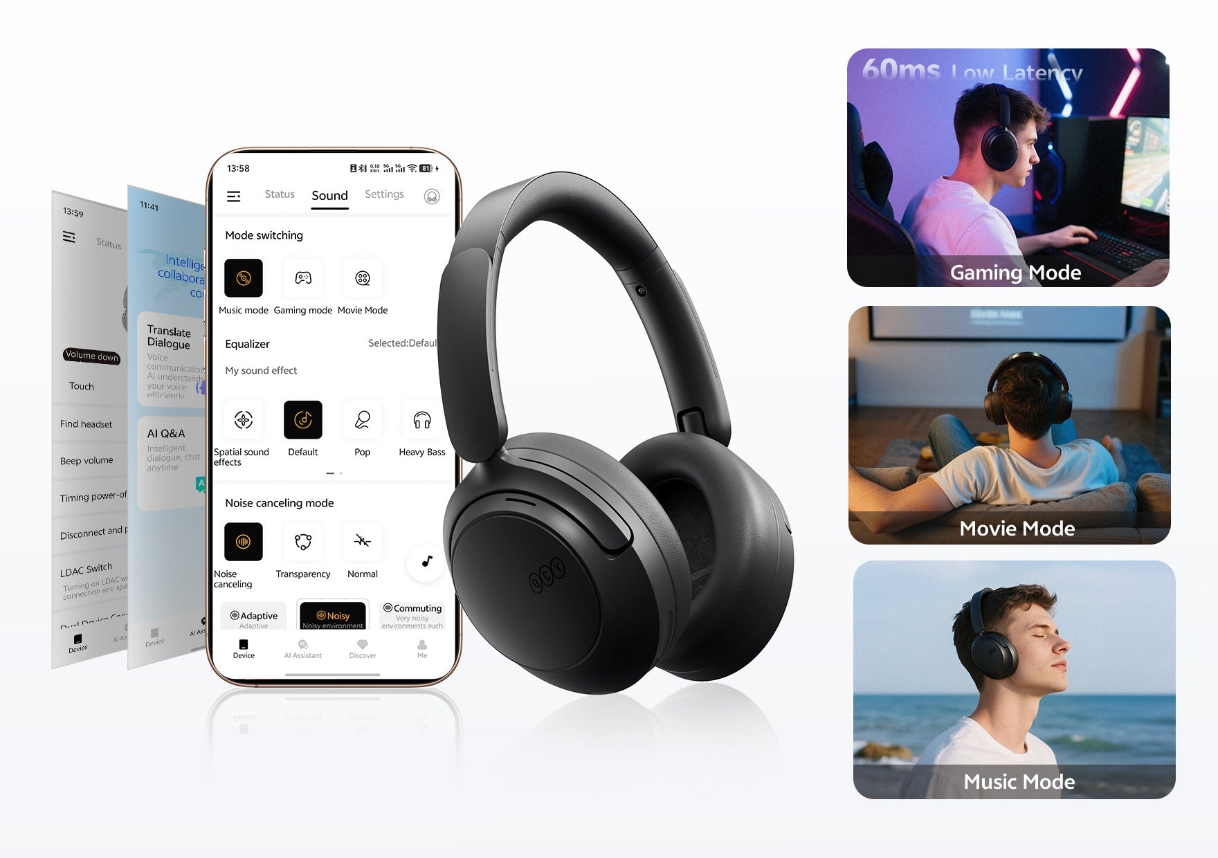 Schwarze kabellose Kopfhörer mit App-Steuerung, Geräuschunterdrückung und Gaming-Modus.