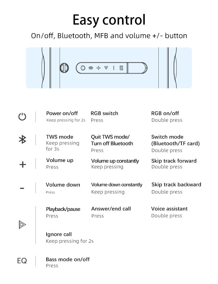Bedienungsanleitung für kabellose Kopfhörer: Easy Control mit Power, Bluetooth, MFB und Lautstärketasten.
