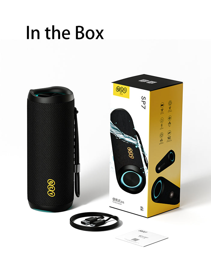 OCCO SP7 tragbarer Bluetooth-Lautsprecher mit USB-Kabel und Verpackung.