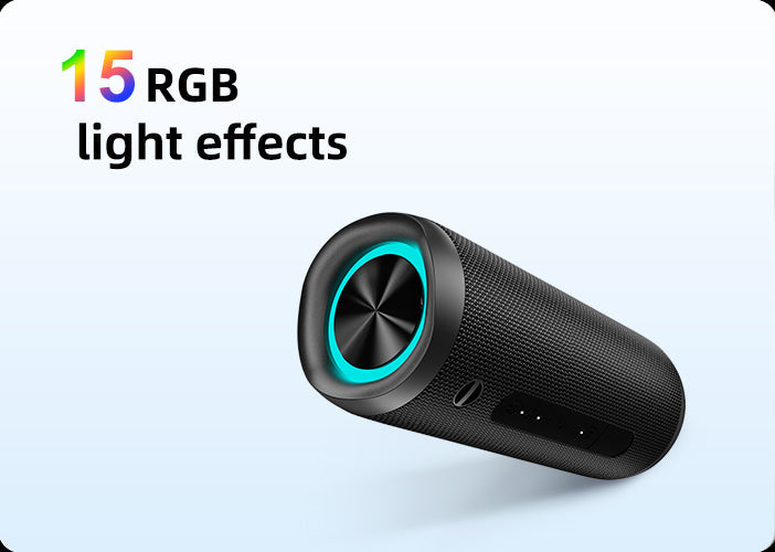Schwarzer tragbarer Bluetooth-Lautsprecher mit 15 RGB-Lichteffekten und türkisfarbenem Ring.