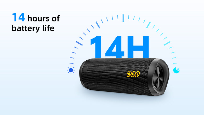 Schwarzer tragbarer Bluetooth-Lautsprecher mit 14 Stunden Akkulaufzeit. Ideal für Musik unterwegs.