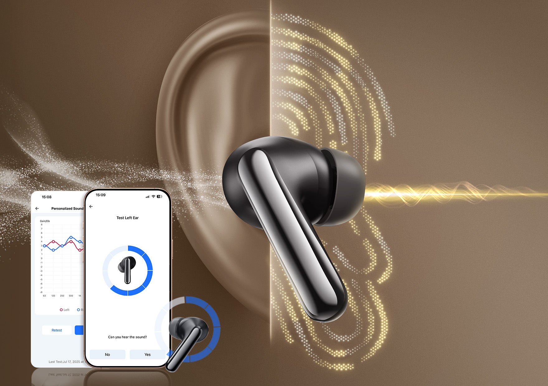 Schwarze kabellose Kopfhörer mit App für personalisierten Sound und Hörtest, dargestellt mit stilisiertem Ohr und Schallwelle