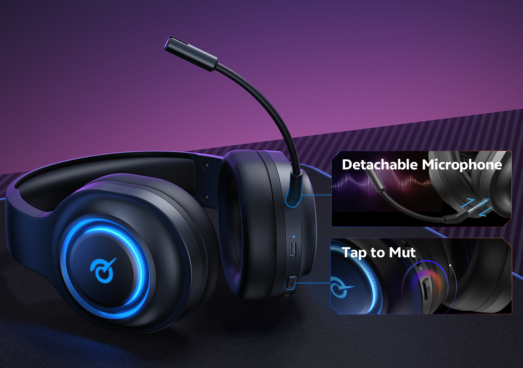 Schwarze Gaming-Kopfhörer mit abnehmbarem Mikrofon und Touch-Mute-Funktion.