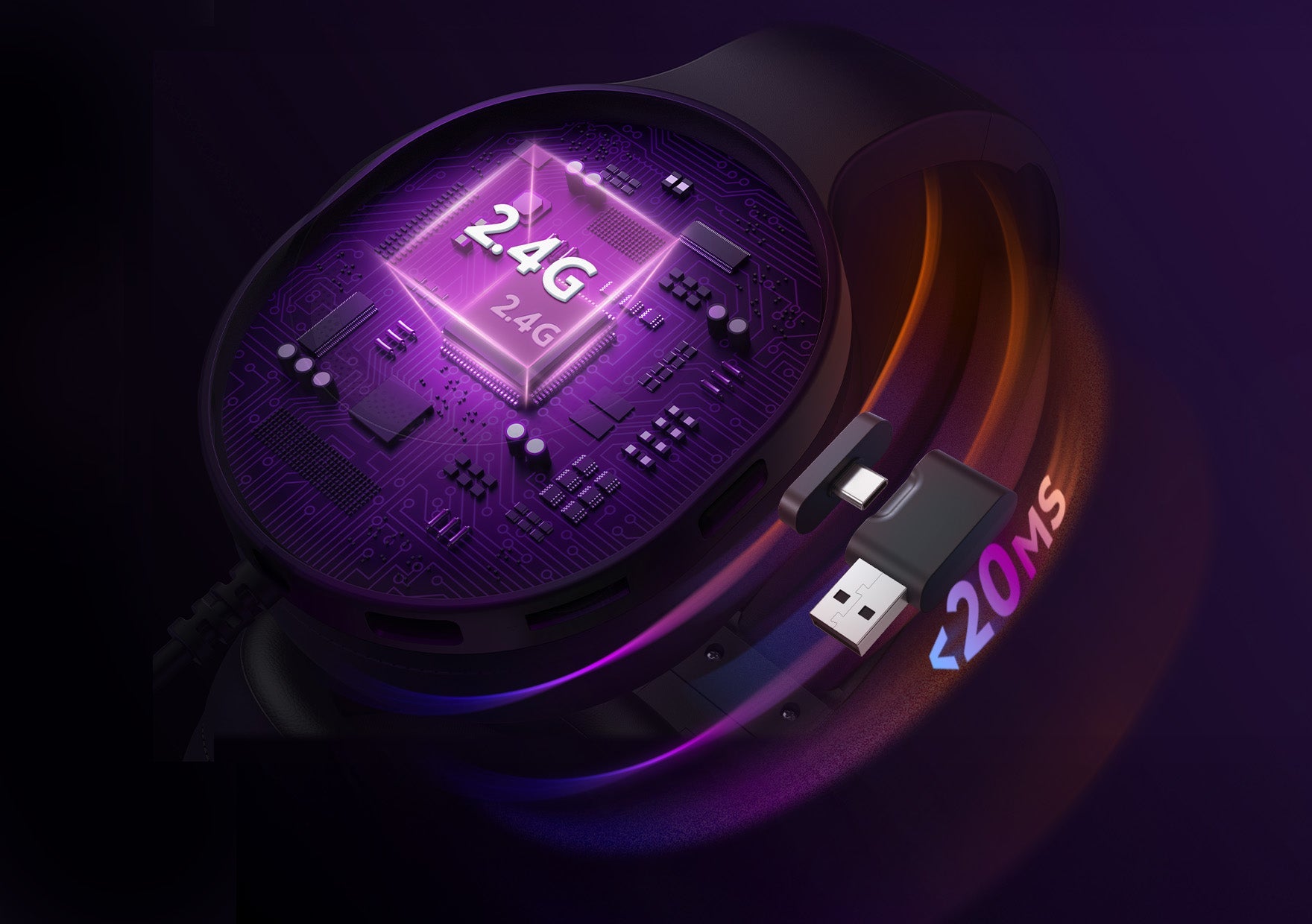 2.4G Gaming-Maus mit <20ms Reaktionszeit, USB-C und USB-A Anschluss, beleuchtete Platine für schnelle Datenübertragung.