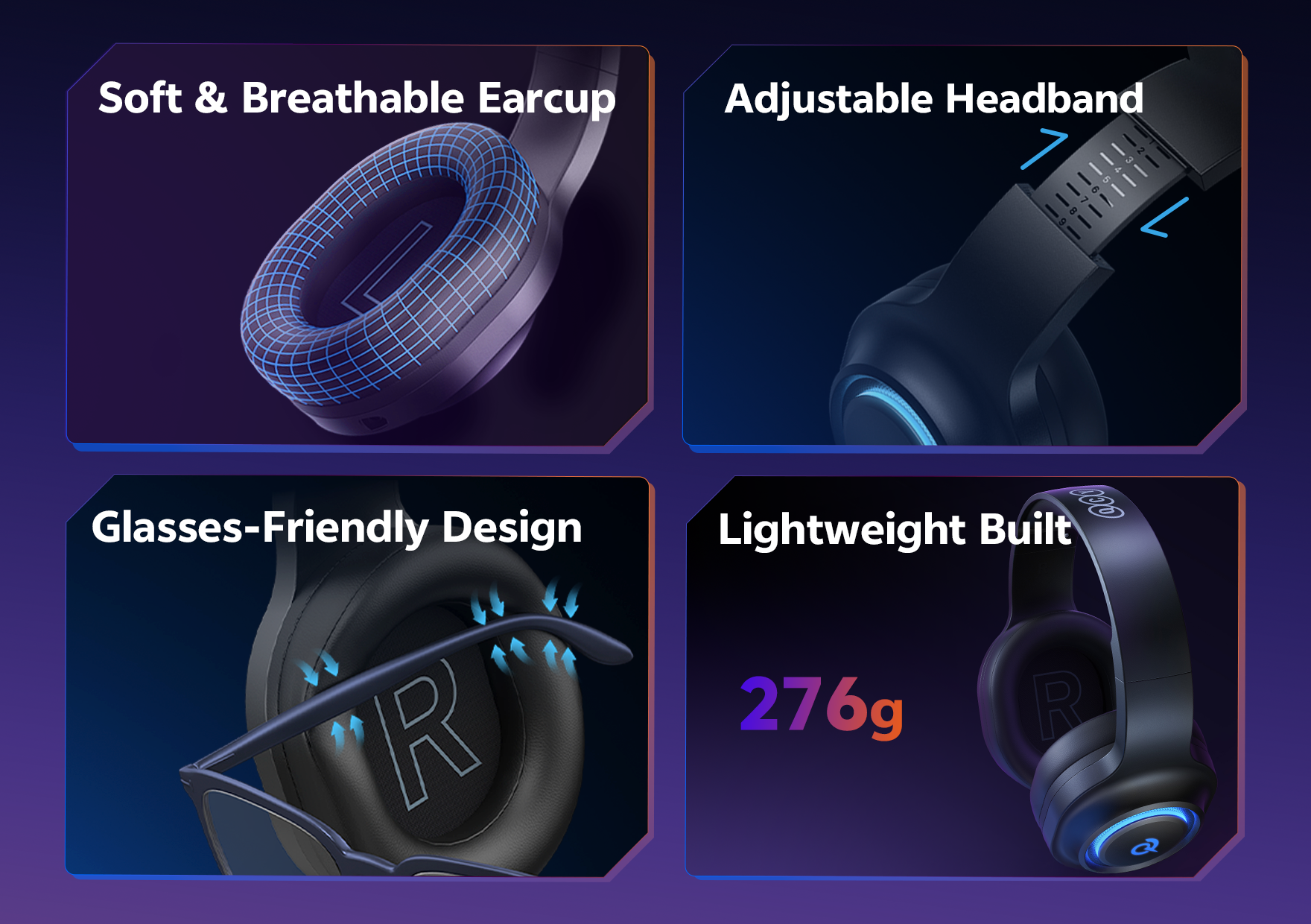 Schwarze Over-Ear-Kopfhörer mit weichen Ohrpolstern, verstellbarem Kopfbügel und leichtem Design (276g).