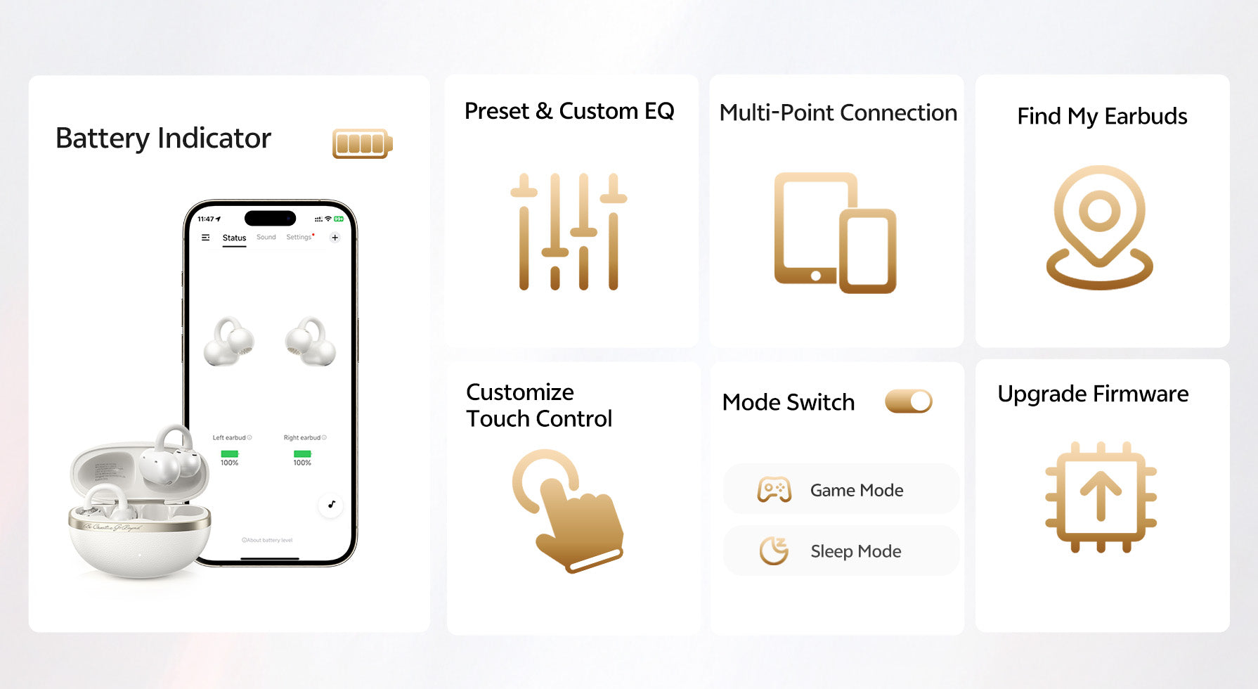 White wireless earbuds with app showing battery, EQ, multi-point connection & more.