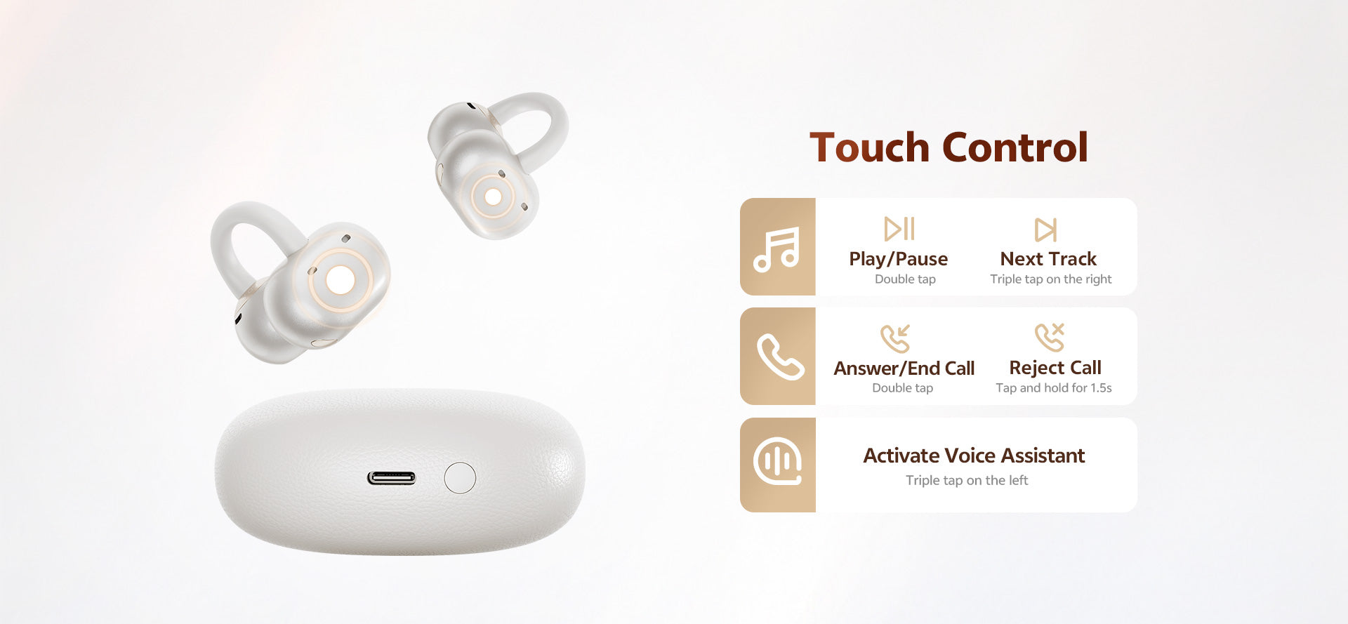 Weiße kabellose Ohrhörer mit Touch-Control und Ladeetui.