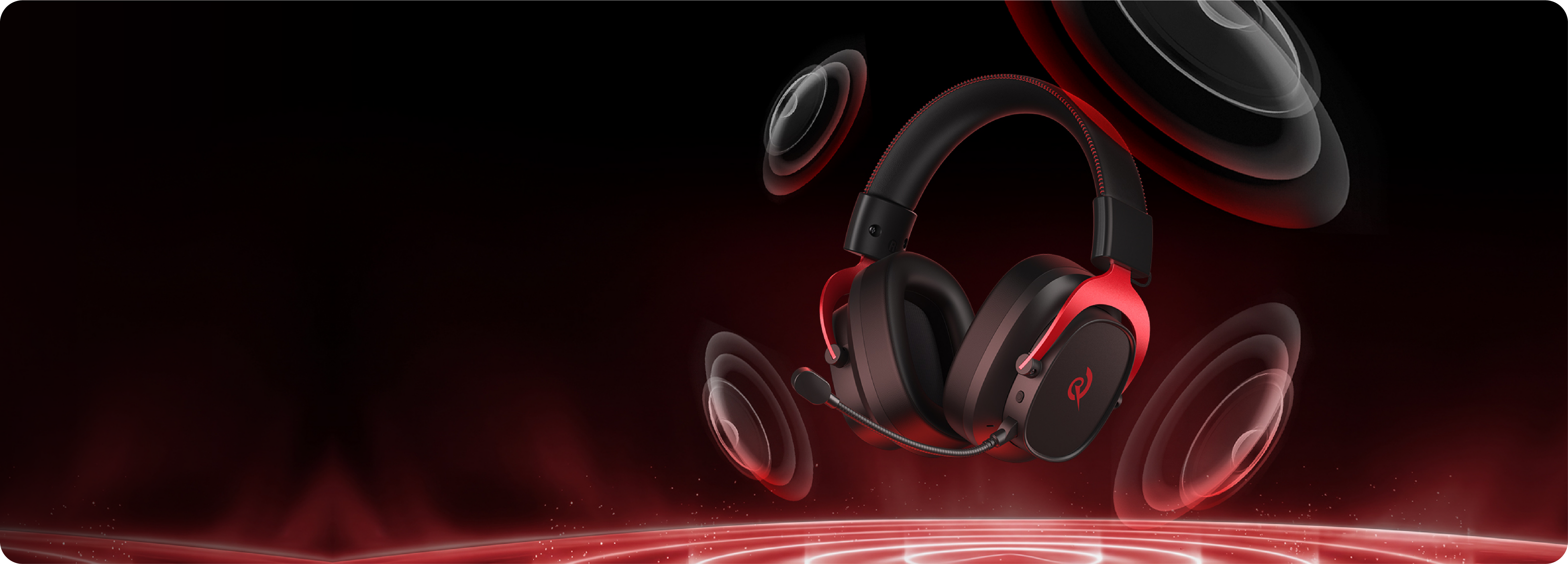 Razer Gaming-Headset mit rotem Akzent und Mikrofon, umgeben von dynamischen Soundwellen auf dunklem Hintergrund.