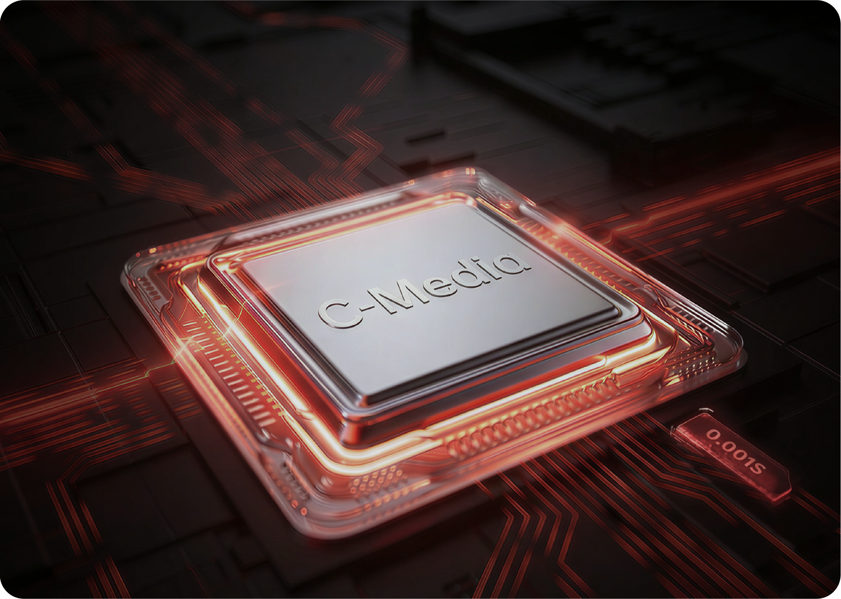 C-Media Chip mit leuchtenden roten Verbindungen auf einem futuristischen Hintergrund, hochleistungsfähige Technologie für Aud