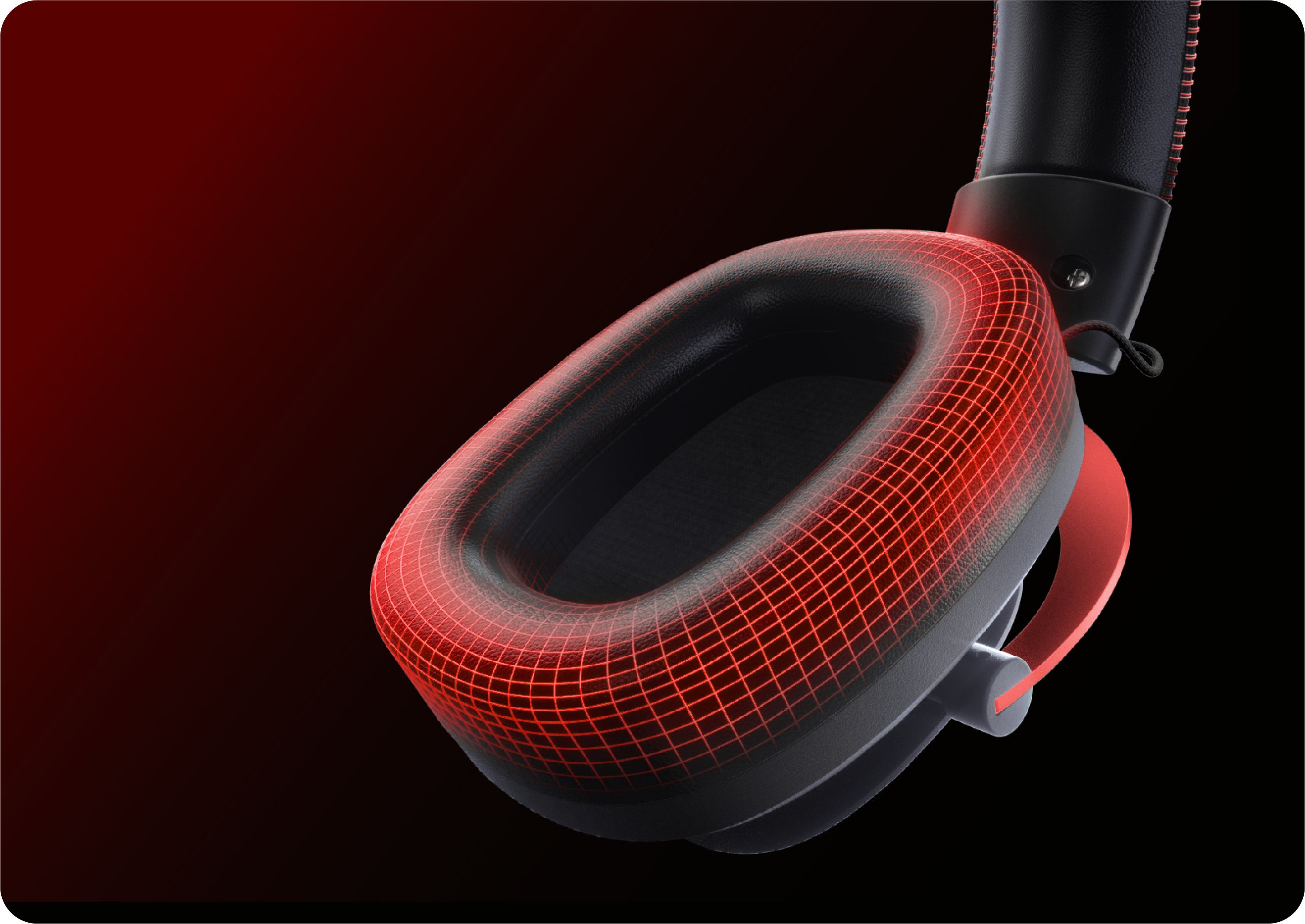 Rote Kopfhörer mit 3D-Netzstruktur, schwarz-rotes Design, modernes Headset für optimale Klangqualität und Komfort.