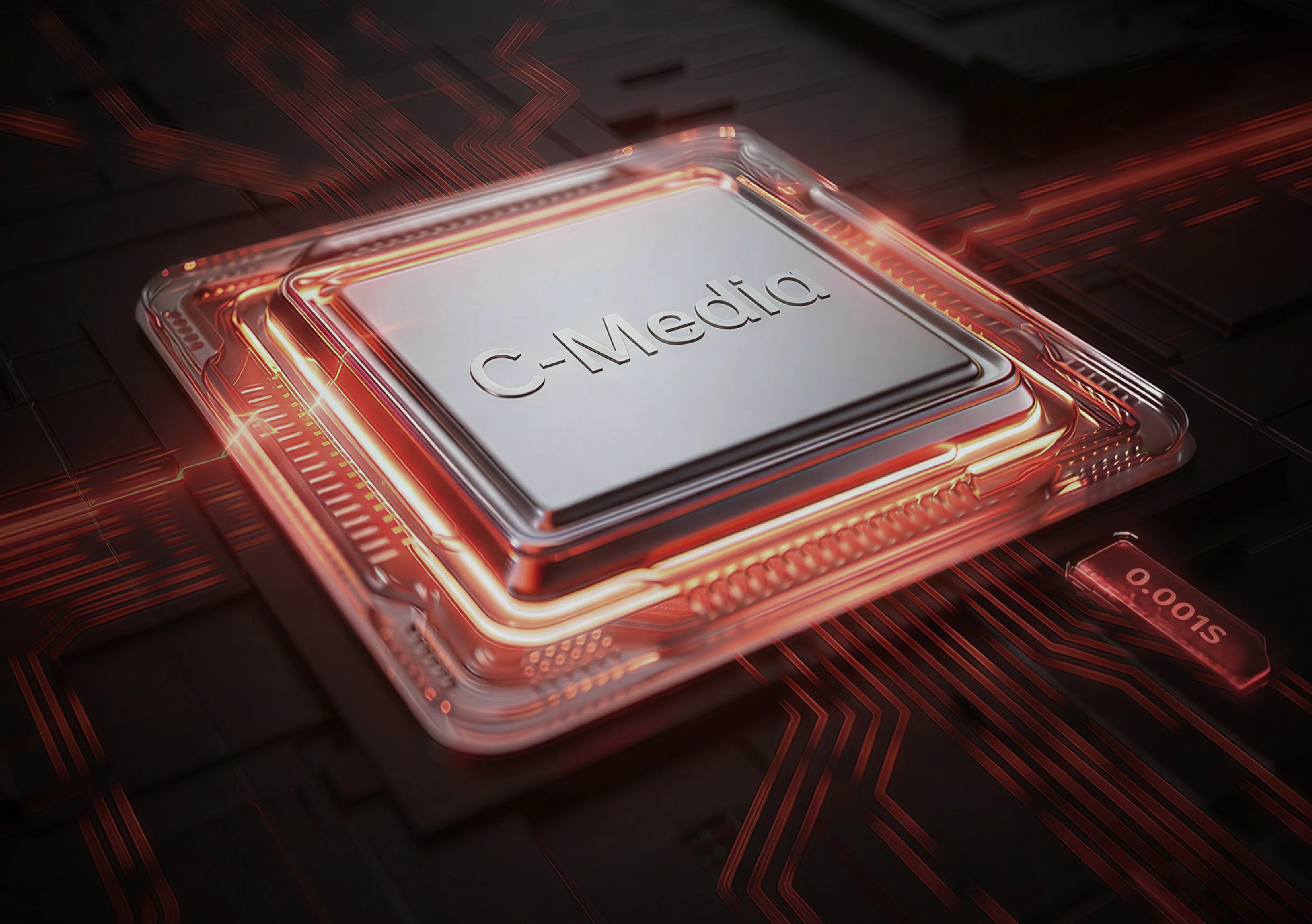 C-Media Chip mit leuchtenden roten Leitungen auf einer futuristischen Leiterplatte.