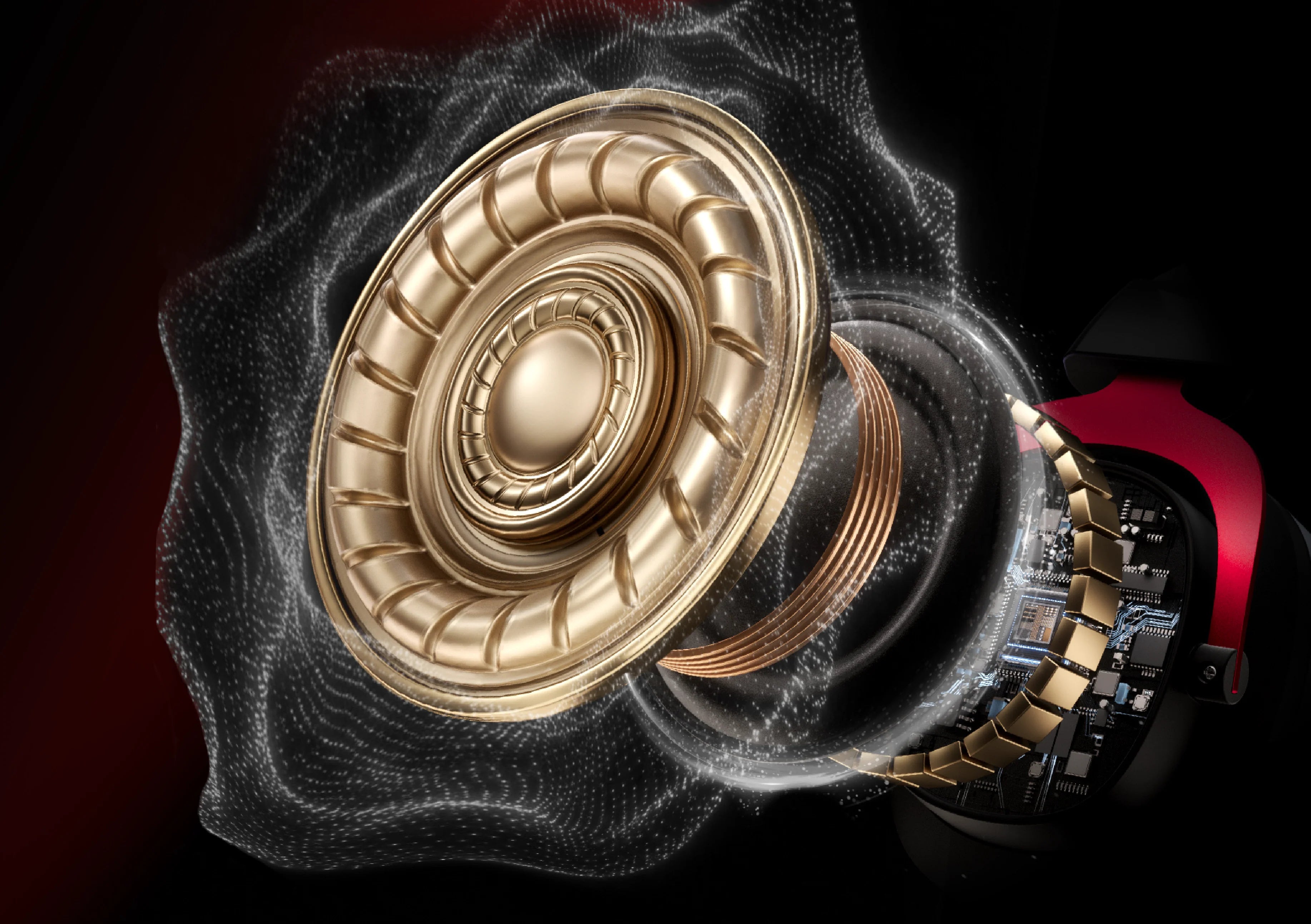 Goldener Lautsprecher mit hochwertiger Technologie und modernem Design, detailreiche Darstellung der Komponenten.