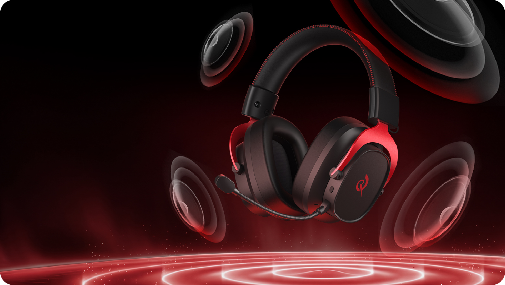 Razer Gaming-Headset mit rotem Akzent und Mikrofon, umgeben von Soundwellen auf dunklem Hintergrund