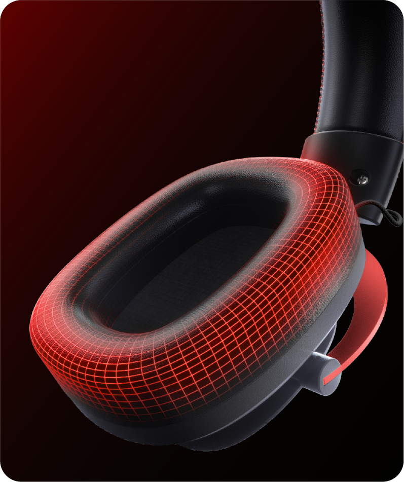 Rote Kopfhörer mit schwarzem Ohrpolster und rotem Gittermuster, modernes Design, hochwertige Audio-Technologie