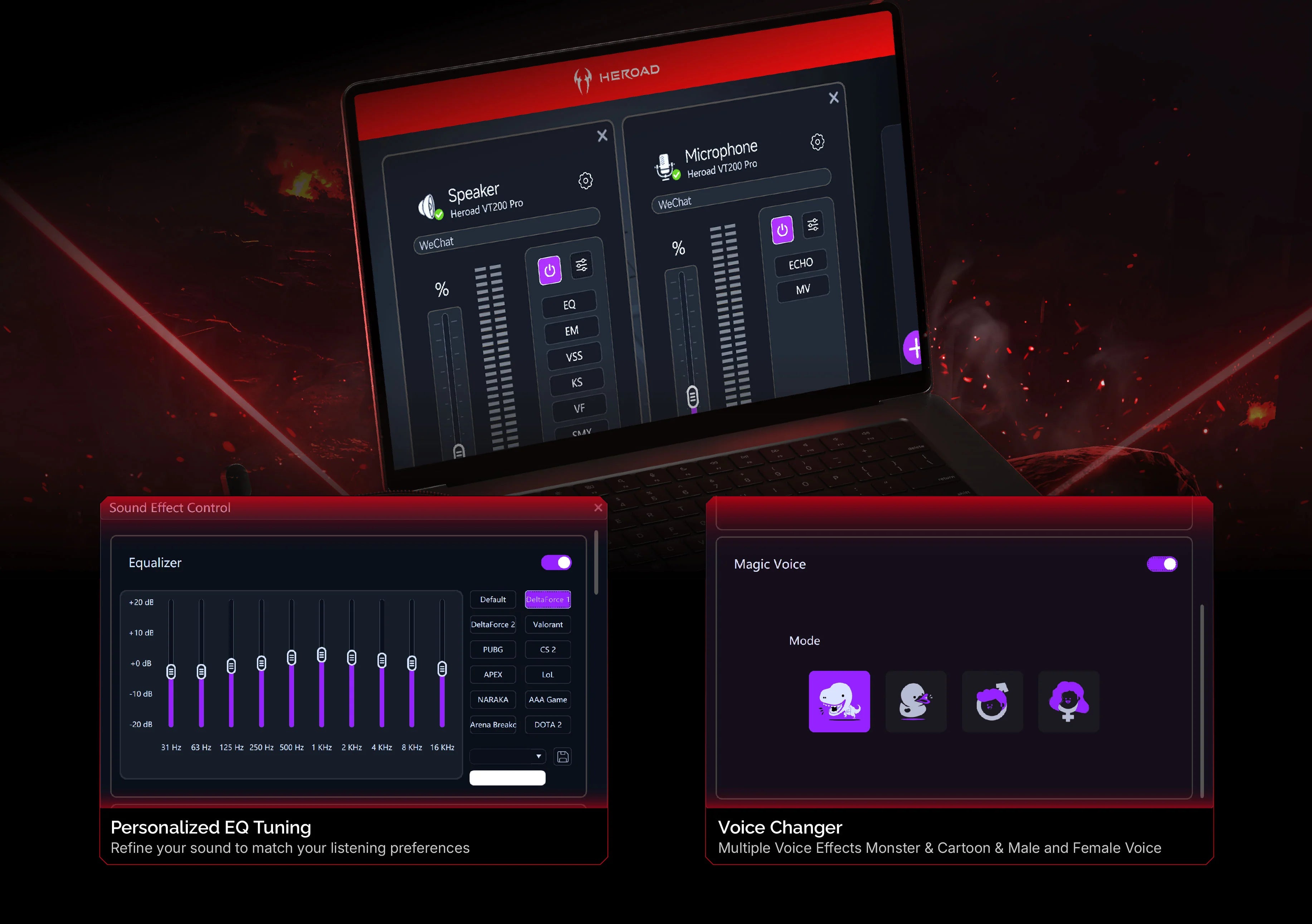 Heraod VT200 Pro Gaming-Headset mit EQ-Tuning, Voice-Changer und Soundeffekten für optimale Audioerfahrung.