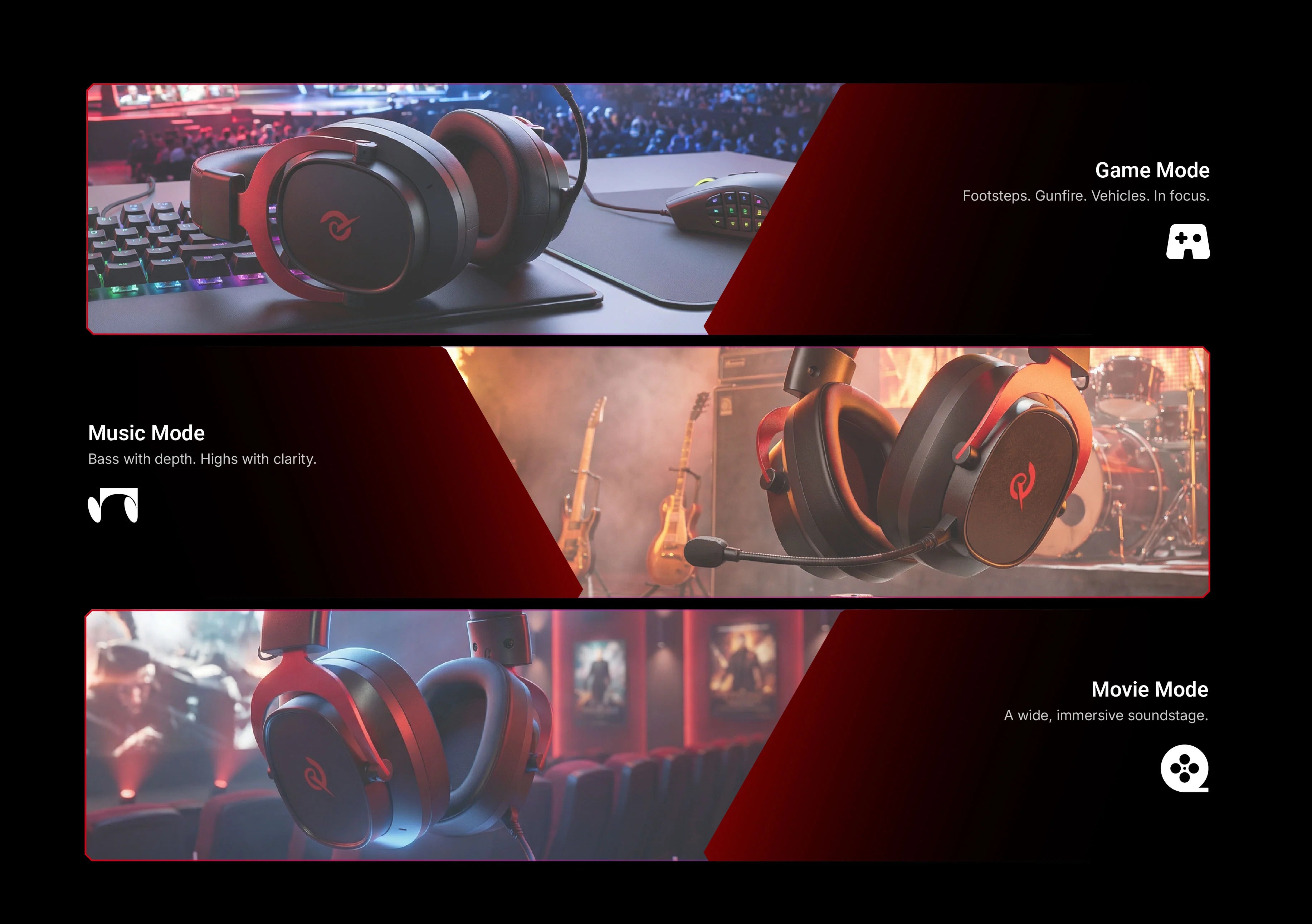 Gaming-Headset mit Game-, Music- und Movie-Modus für optimale Audioerfahrung in verschiedenen Szenarien.