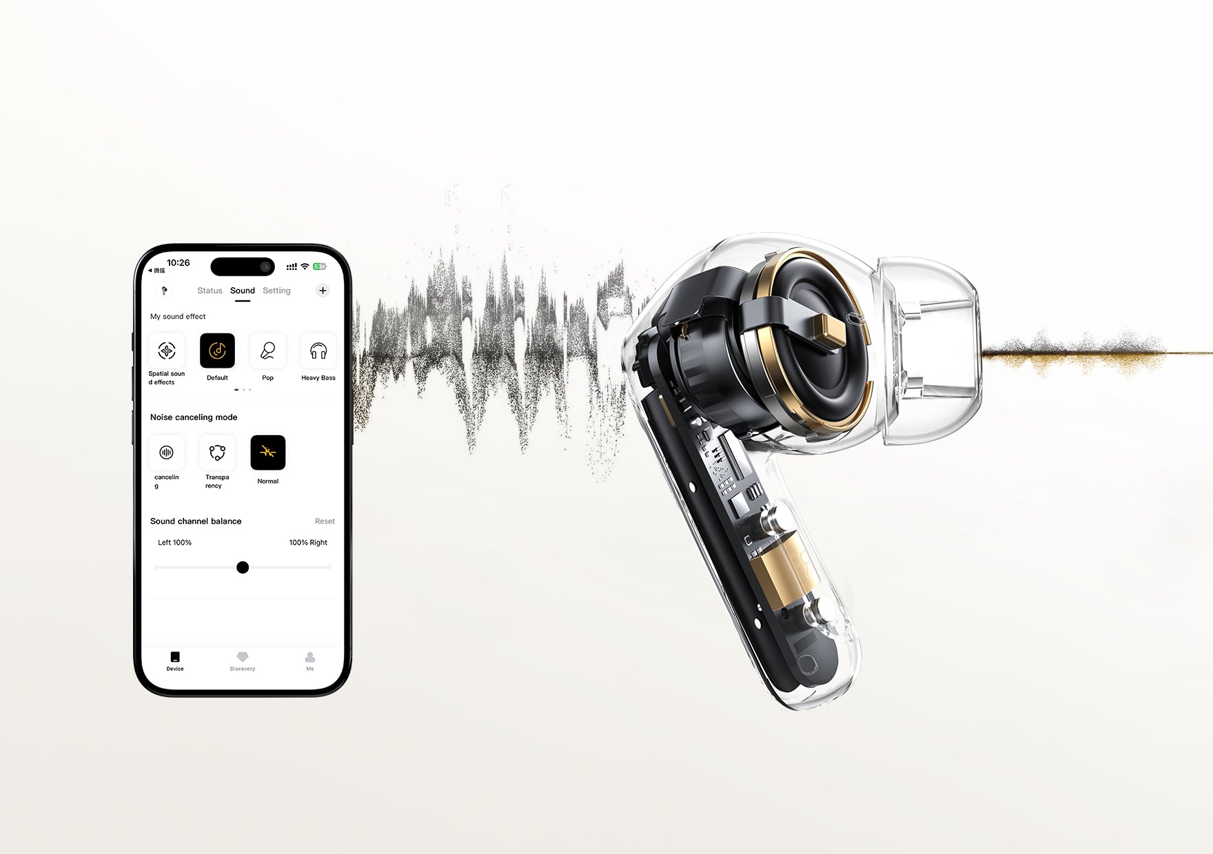 Kabellose Ohrhörer mit App-Steuerung für Geräuschunterdrückung und Klangoptimierung, transparentes Design mit Goldakzenten