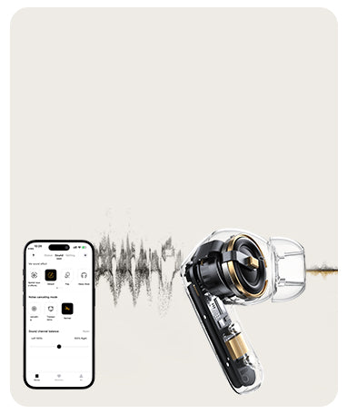 Bluetooth-Ohrhörer mit App-Steuerung und Klangwellen-Visualisierung, modernes Design mit transparentem Gehäuse