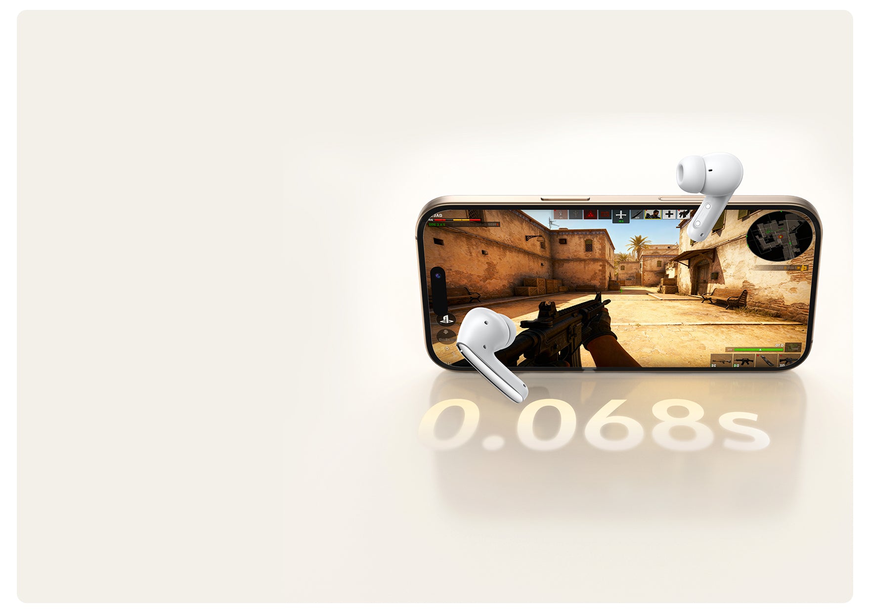 Weiße True Wireless Kopfhörer vor Smartphone mit First-Person-Shooter-Spiel, 0.068s Latenz
