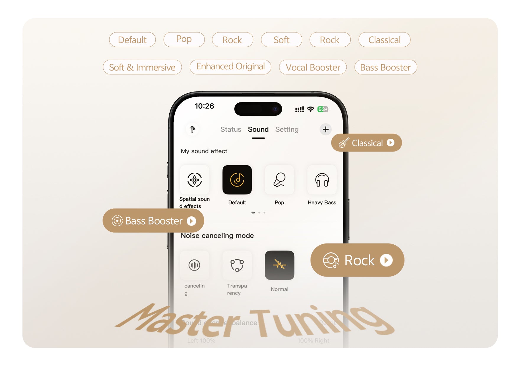 Smartphone mit Sound-Einstellungen: Default, Pop, Rock, Classical, Bass Booster. Master Tuning App.
