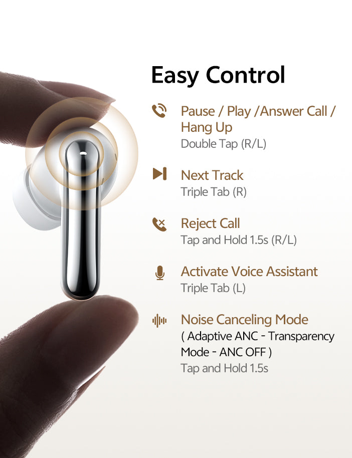 Silberne True Wireless Earbuds mit Touch-Steuerung für Musik, Anrufe und ANC.