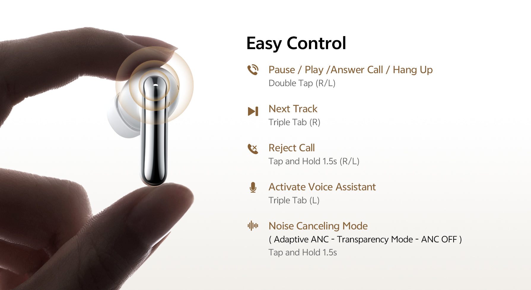 Finger hält weiße In-Ear-Kopfhörer mit Touch-Steuerung für Musik und Anrufe.